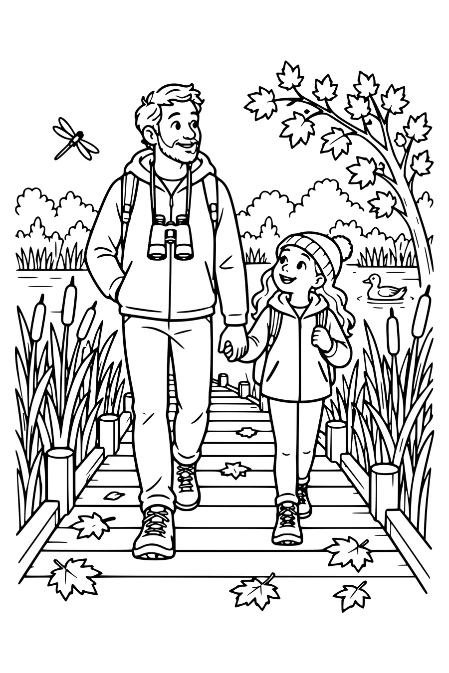 An adult and child walk along a timber boardwalk through autumn reeds and fallen leaves, binoculars around the adult's neck.