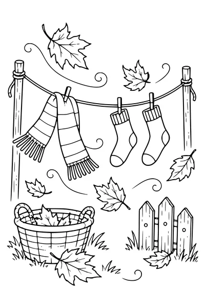 A scarf and two socks flutter from a garden clothesline above windblown autumn leaves, basket and simple fence nearby.