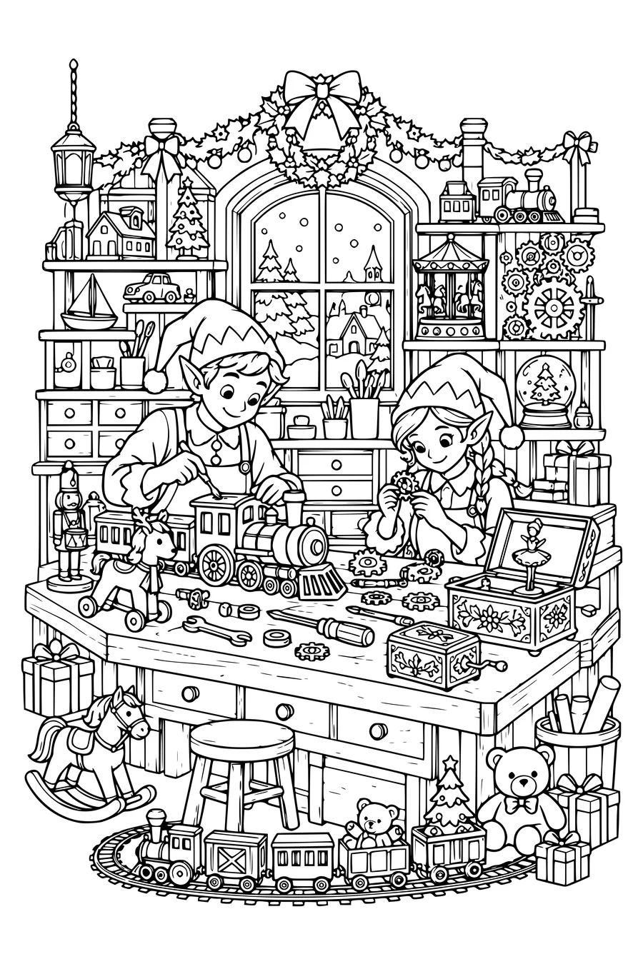 An intricate Christmas elf workshop contains mechanical toy trains, exposed gears, music boxes, wooden drawers and two focused original elves.
