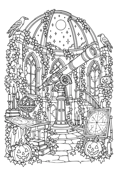 An abandoned observatory contains a large telescope, domed roof ribs, ivy, unlettered star charts, ravens and pumpkin lanterns, atmospheric without solid dark fills.