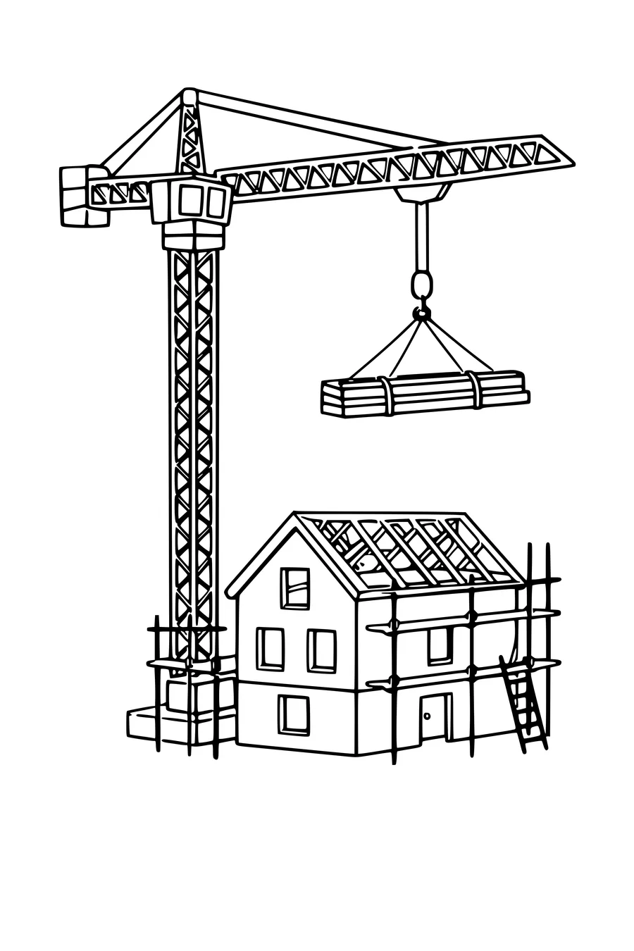 Coloring page of a tower crane lifting beams over a building site