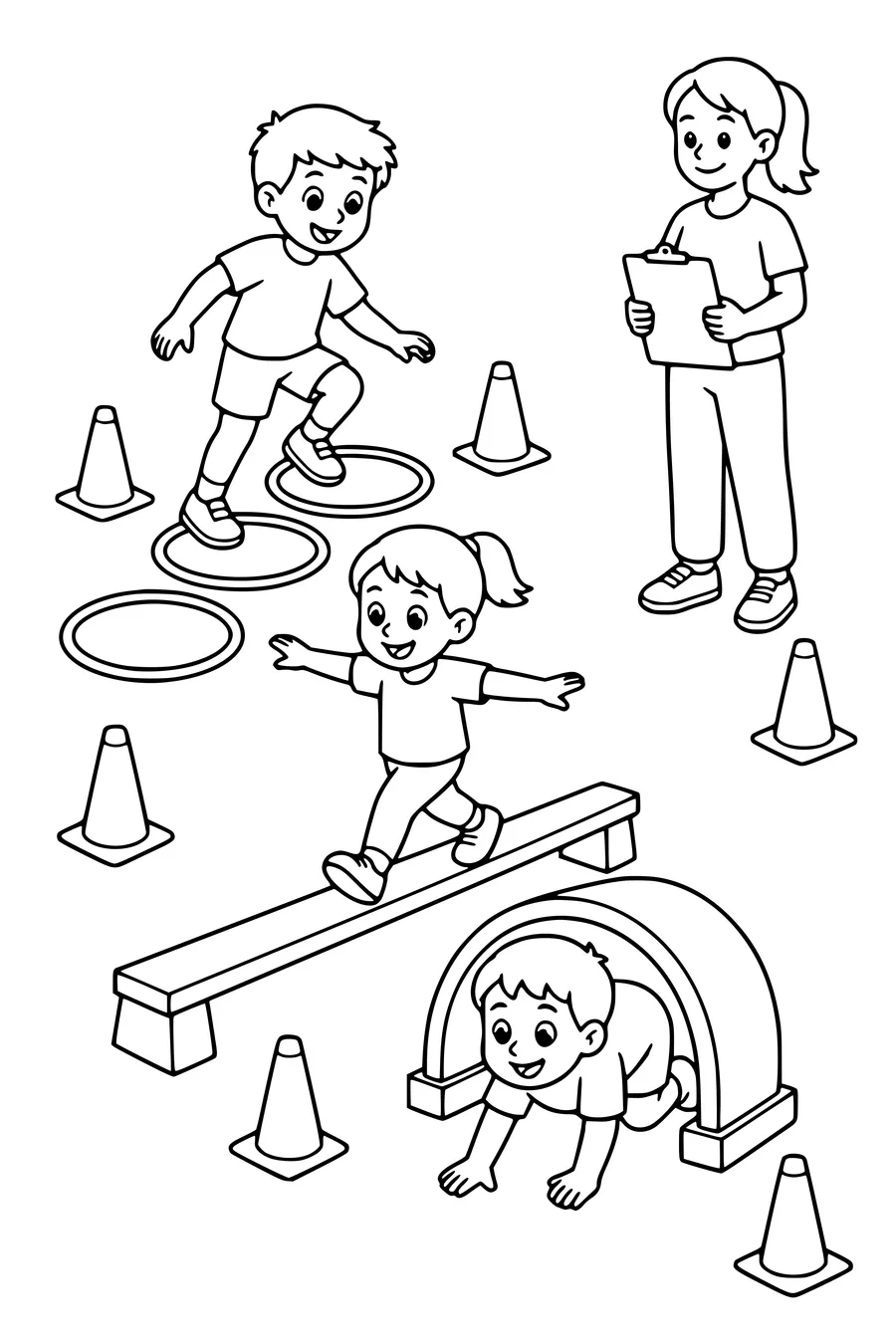 Coloriage imprimable d’un parcours d’obstacles à l’école