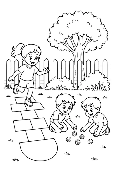 Kostenloses Ausmalbild von Hüpfen und Murmeln auf dem Schulhof