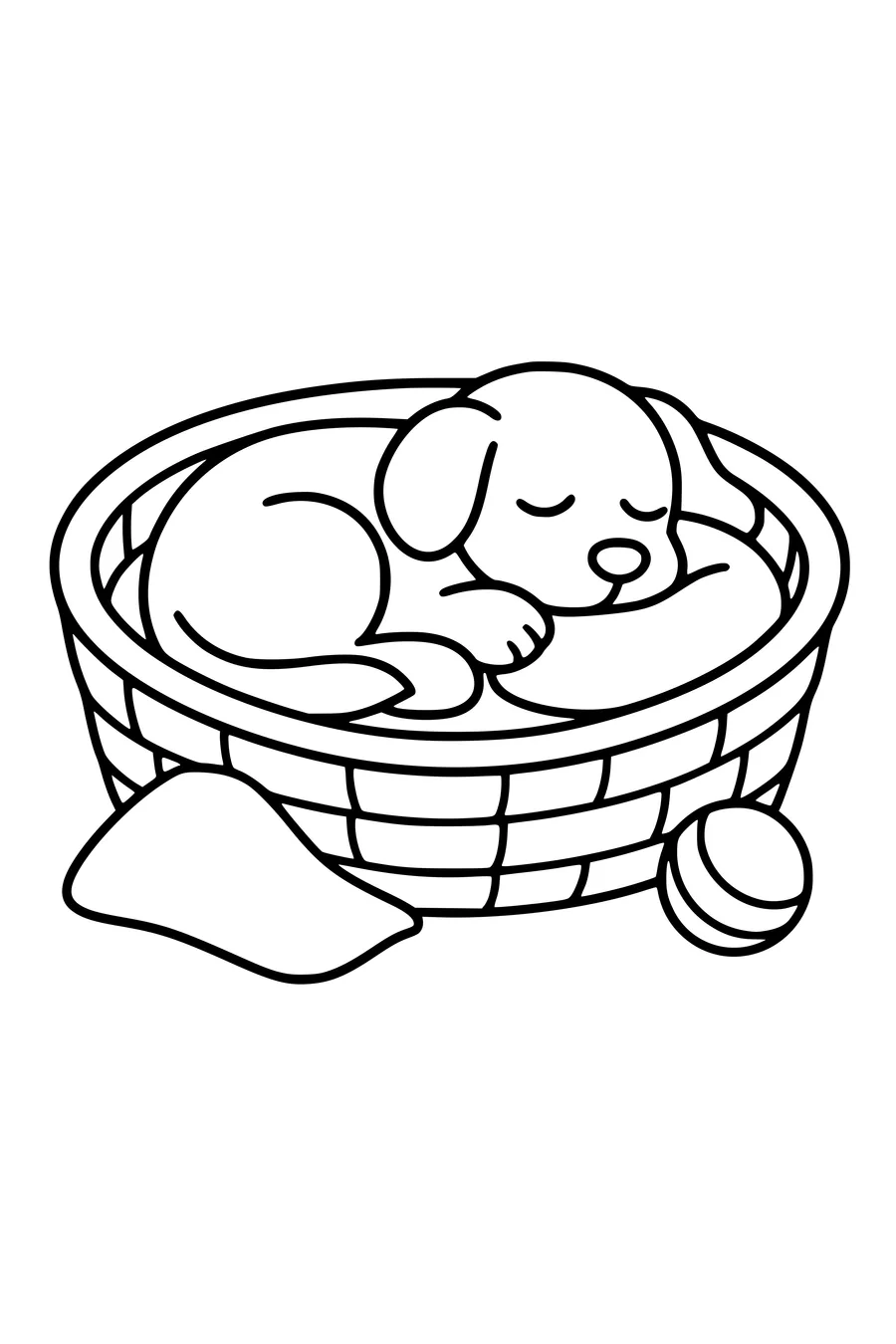 Printable coloring page of dog sleeping in a basket