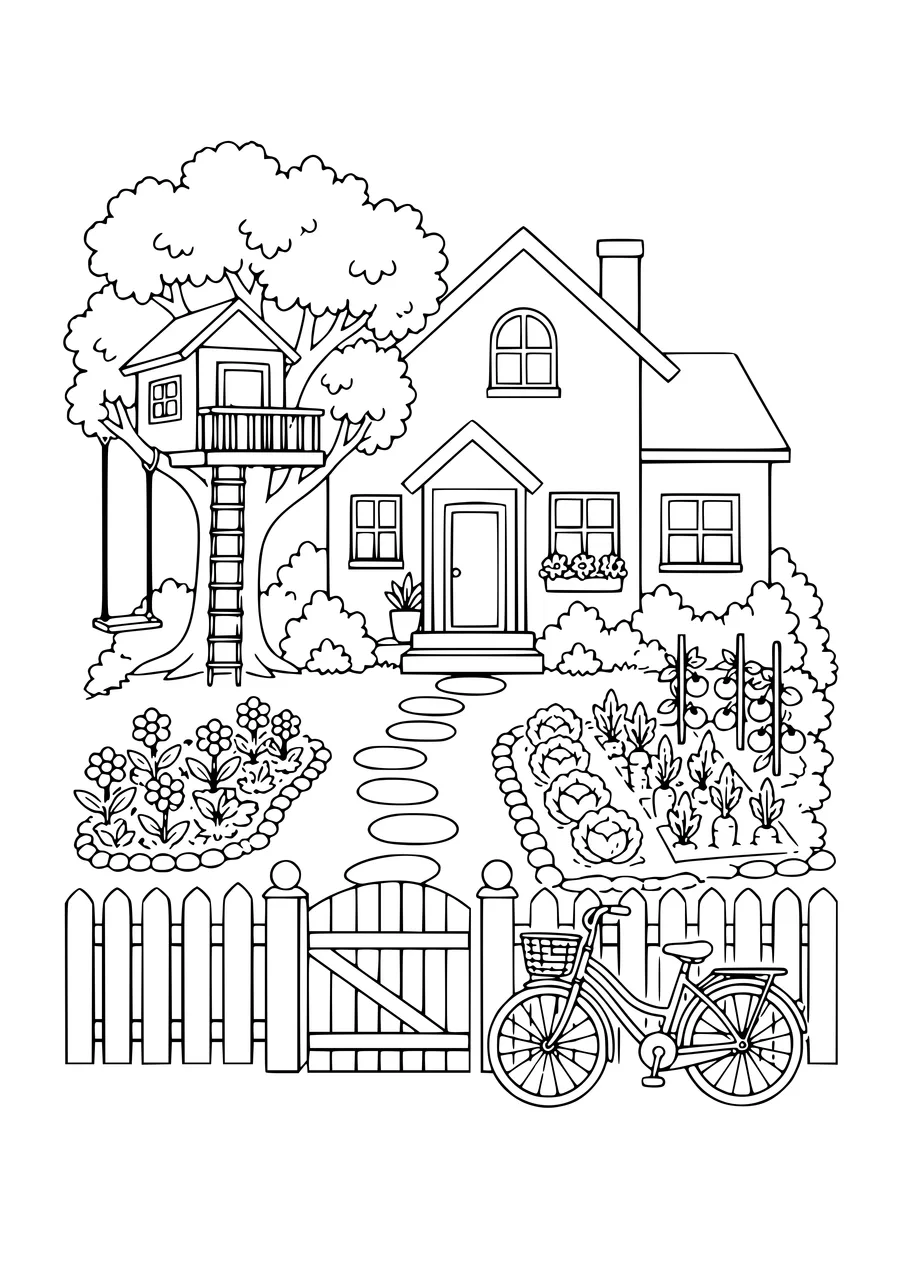 Kostenloses Ausmalbild: Haus mit Baumhaus im Garten