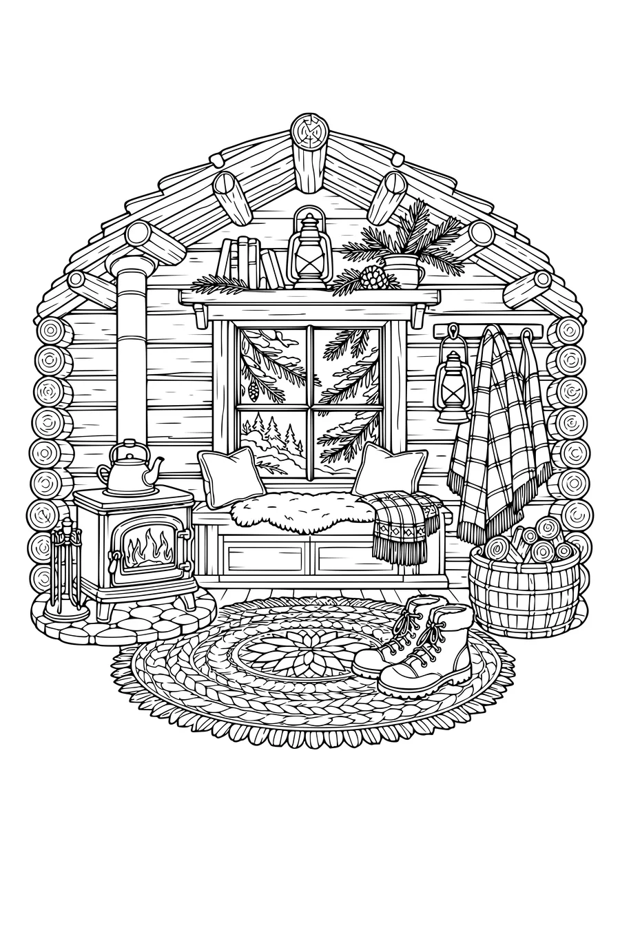 Intricate adult coloring page of a warm forest cabin interior
