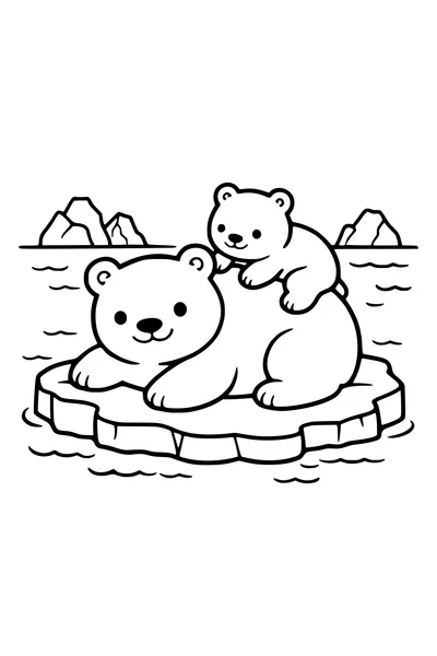 Coloring page of a polar bear on an ice floe with a cub on her back