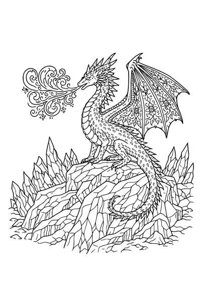 Coloring page of an ice dragon with icicle spines on a glacier