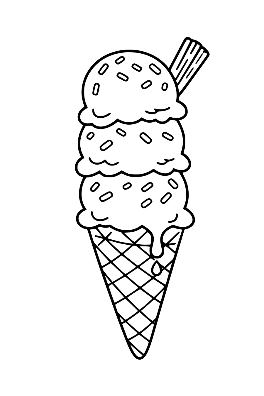 Coloring page of an ice cream cone with three scoops and sprinkles