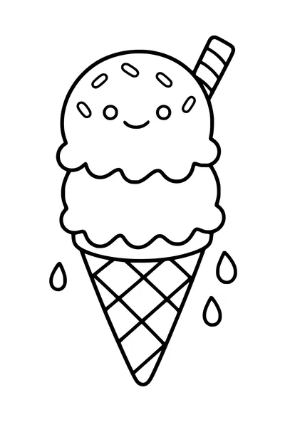 Easy cute coloring page of a smiling two-scoop ice cream cone