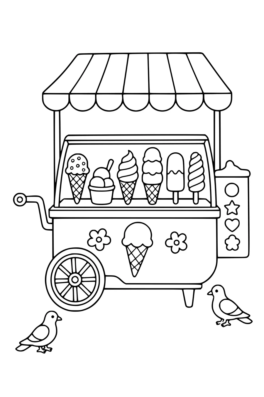 Coloriage d’un chariot de glaces avec six glaces différentes