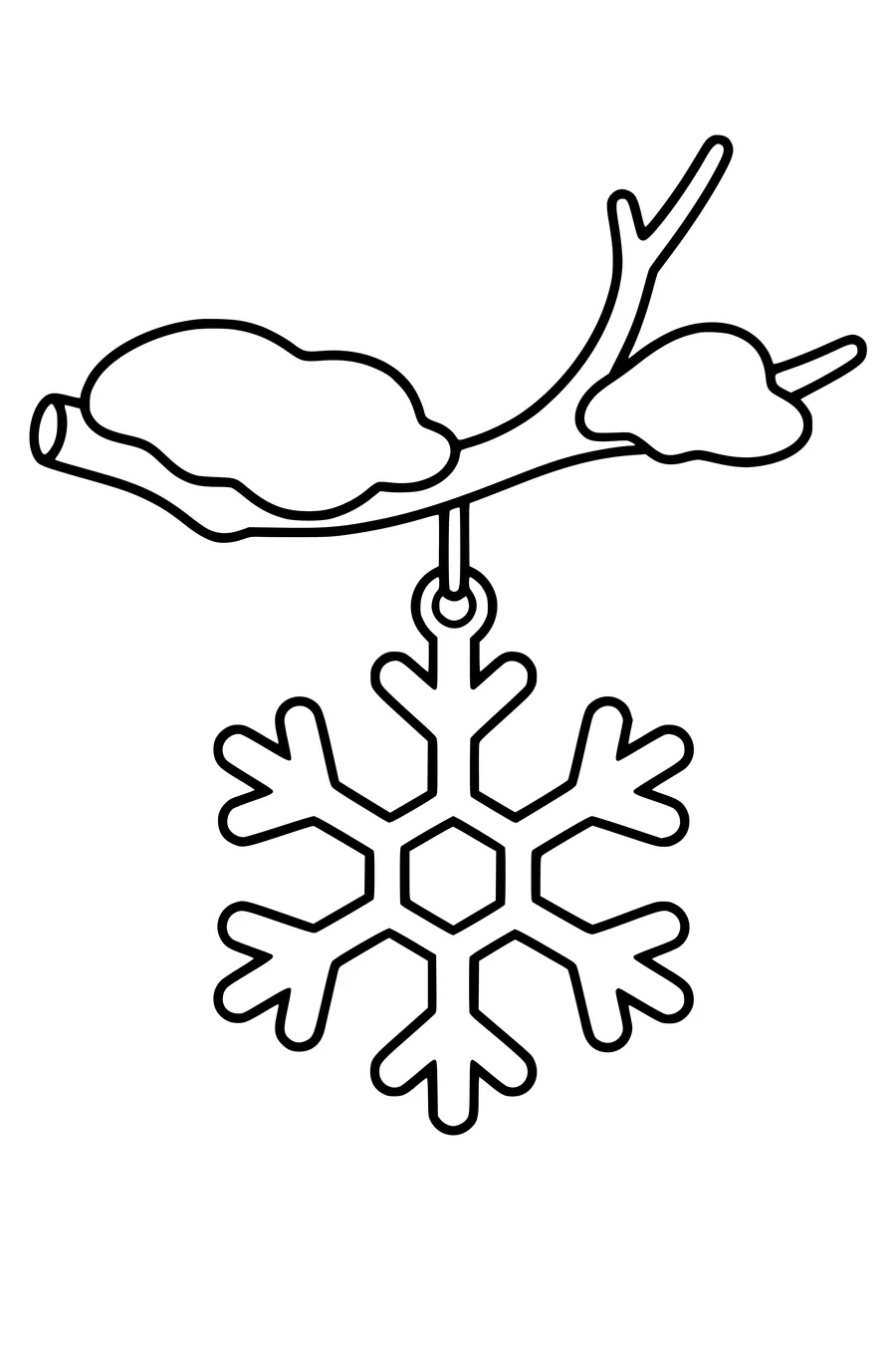 One large simple ice crystal hangs from a short bare twig, two broad snow clumps on the twig.