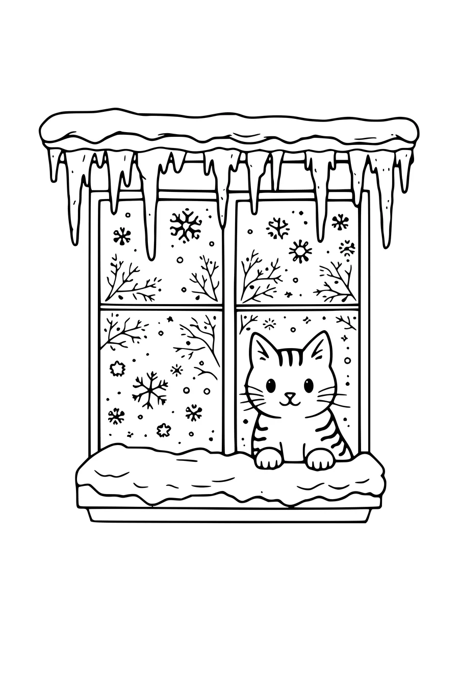 Coloring page of icicles hanging from a gutter above a frosted window