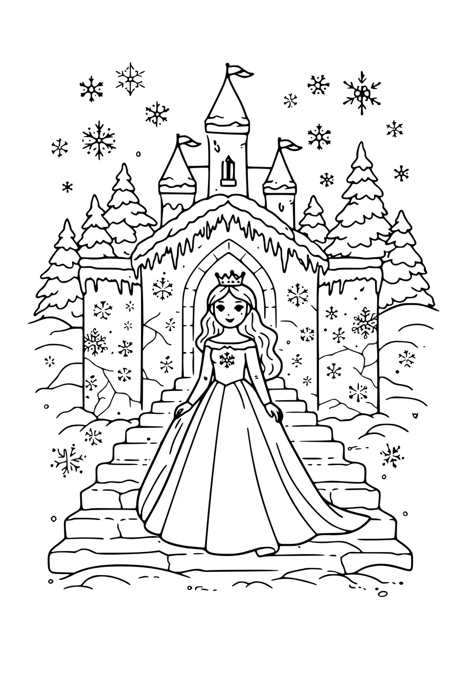 Coloring page of an ice princess on the steps of a frozen castle