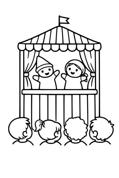 Coloring page of a striped puppet booth with two hand puppets and children watching