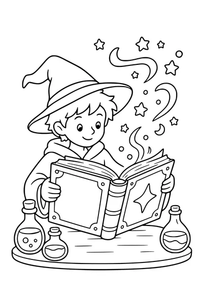 Kleurplaat van een originele jonge magiër met een magisch sterrenboek