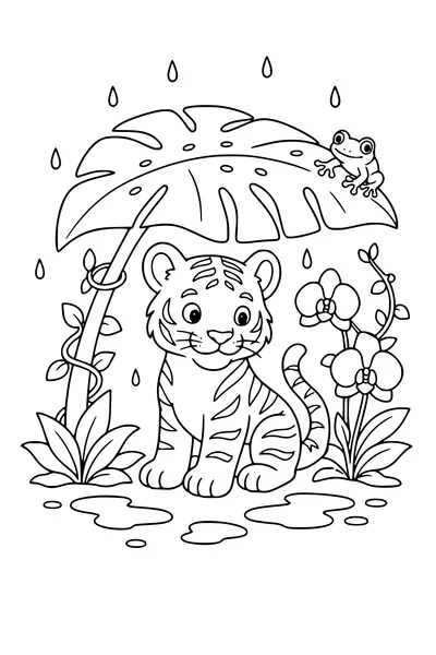 Medium coloring page of a young tiger sheltering under a giant jungle leaf