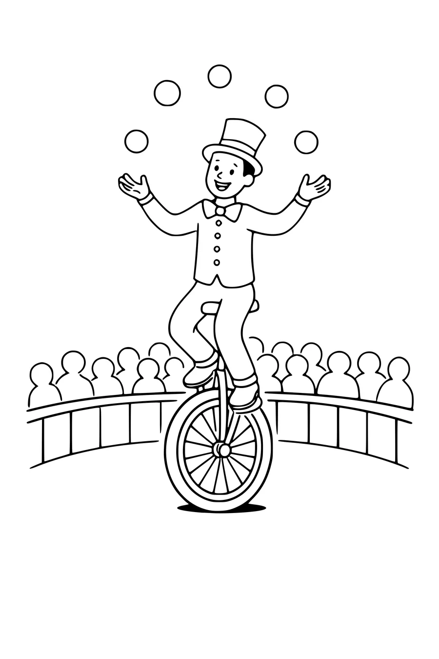 Coloring page of a juggler on a unicycle with five balls in the air