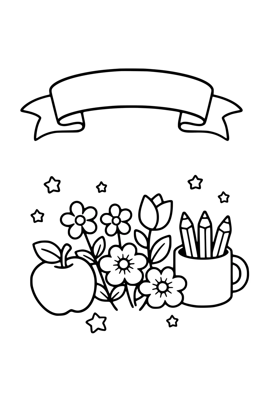 Coloriage d’une banderole de remerciement vide avec fleurs et crayons