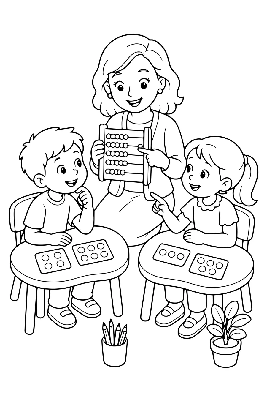 Free printable school coloring page of teacher gives a maths lesson in class in class