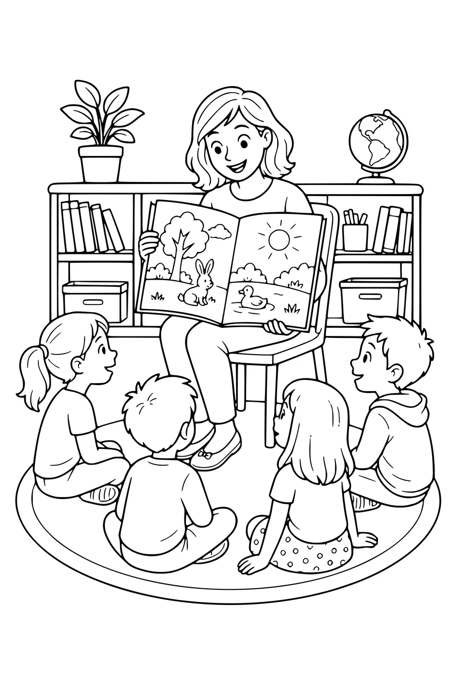 Gratis printbare school kleurplaat van juf leest voor aan de klas in de klas