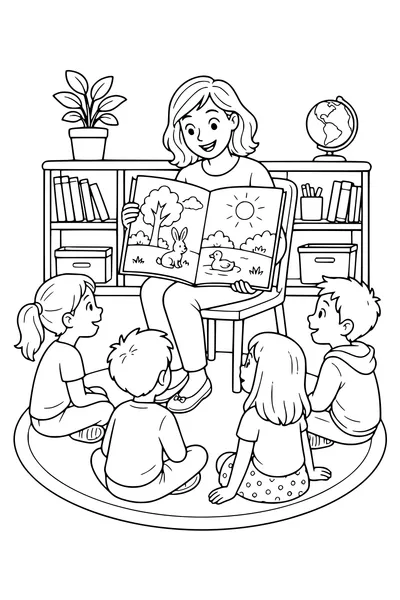 Kostenloses Ausmalbild: Lehrerin liest vor