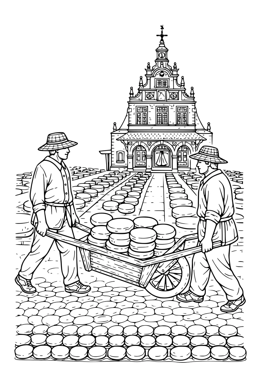 Coloring page of cheese carriers with a barrow of round cheeses