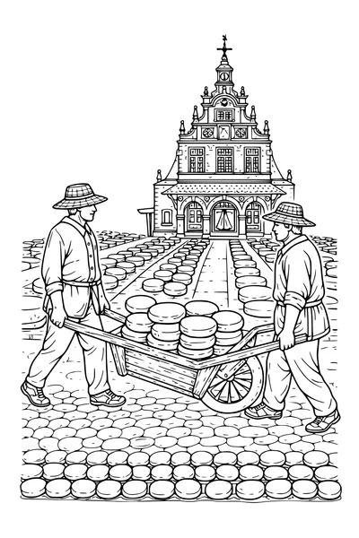Coloring page of cheese carriers with a barrow of round cheeses