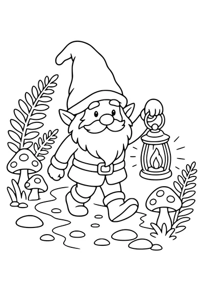 Kleurplaat van een kleine kabouter met een lantaarn in het bos
