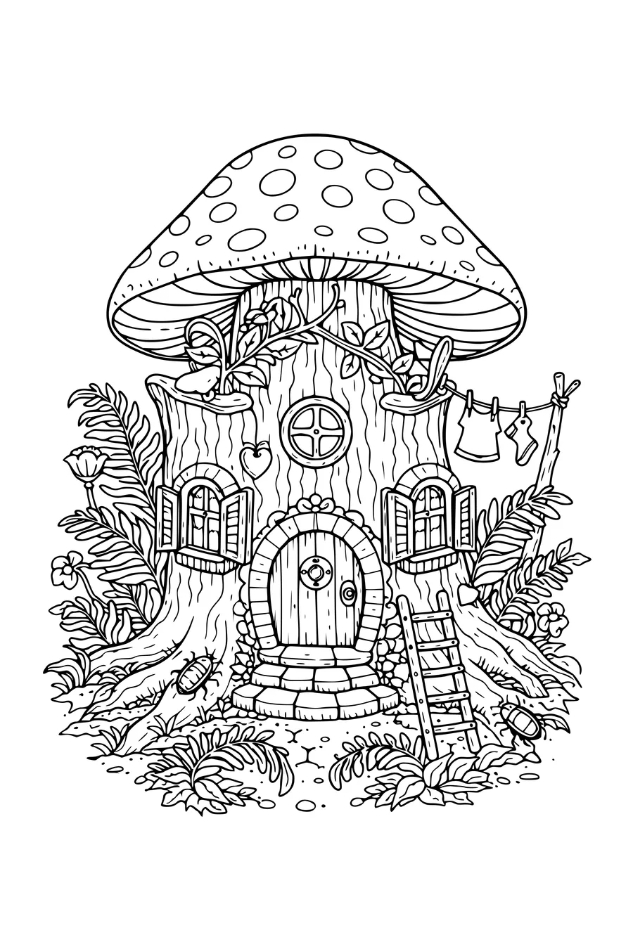 Ausmalbild: Wichtelhaus im Baumstamm mit Pilzdach