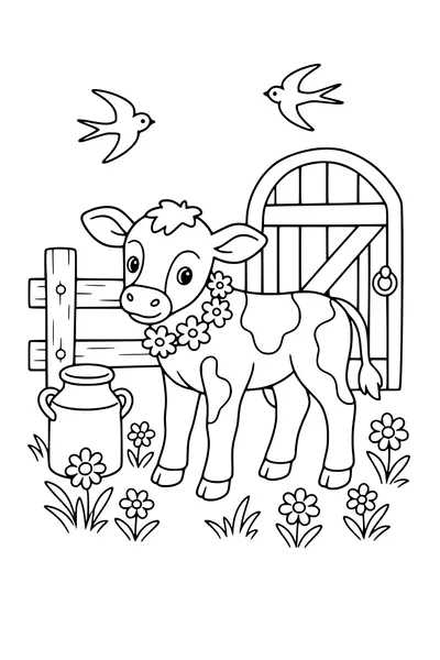 Medium coloring page of a gentle calf wearing a flower garland on a farm