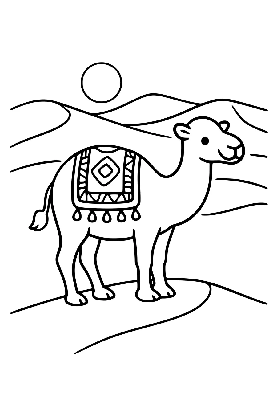 Kleurplaat van een kameel op een duin met gedessineerd zadeldek