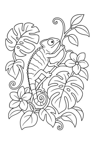 Coloring page of a chameleon climbing among jungle leaves, vines and flowers