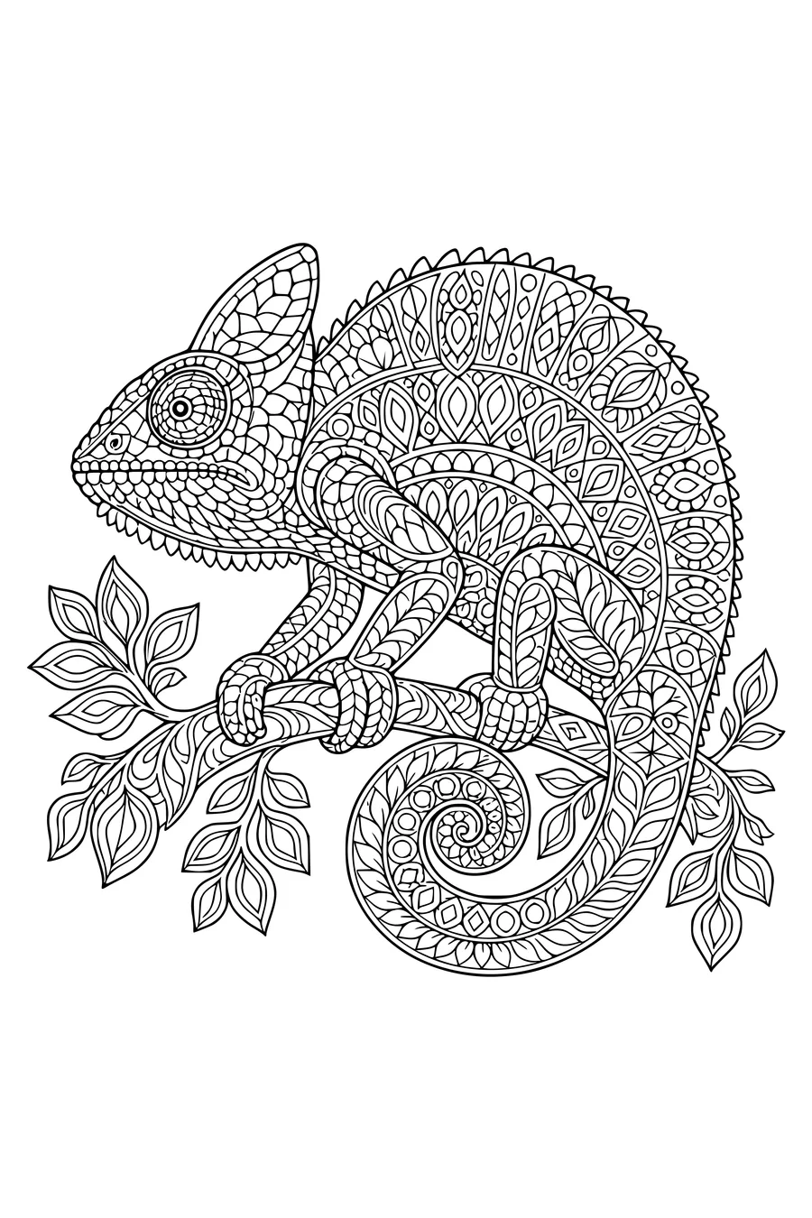 Gedetailleerde kleurplaat van een grote kameleon vol schubben en geometrische patronen