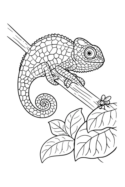 Coloring page of a chameleon on a branch with mosaic skin patches