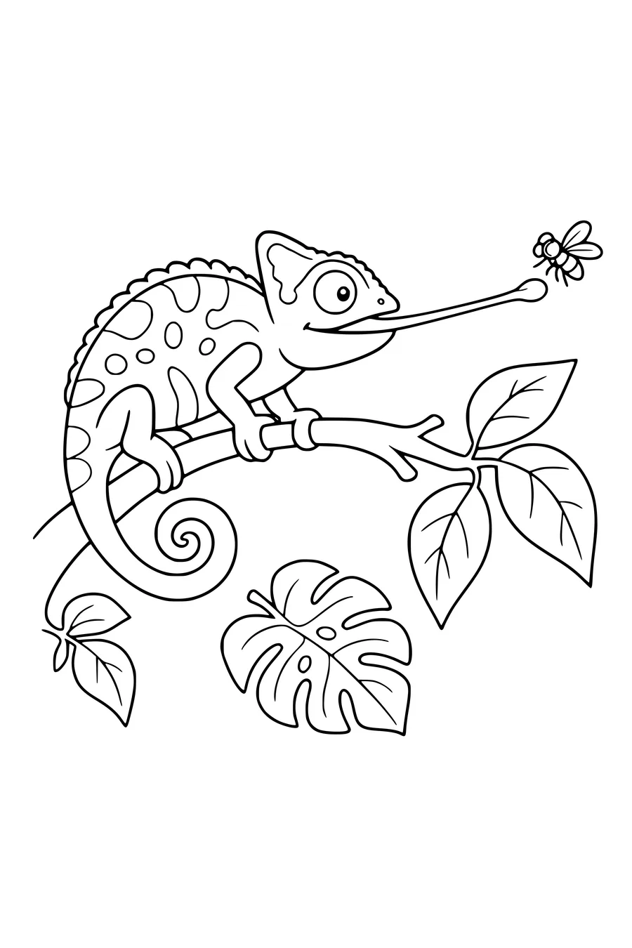 Coloring page of a chameleon shooting its long tongue at a fly from a branch