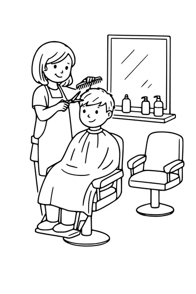 Coloring page of a hairdresser cutting a customer`s hair