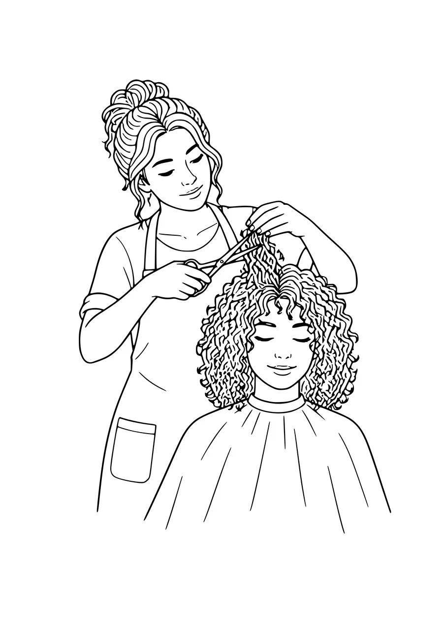 Free hairdresser job coloring page: hairdresser cutting curls