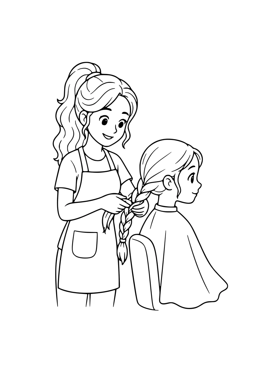 Free hairdresser job coloring page: hairdresser making a braid