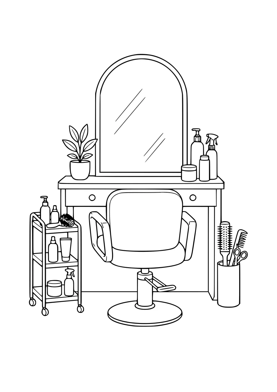 Free hairdresser job coloring page: salon chair with hair products