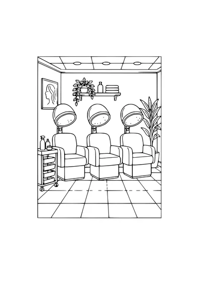 Free hairdresser job coloring page: hair salon with hair dryers