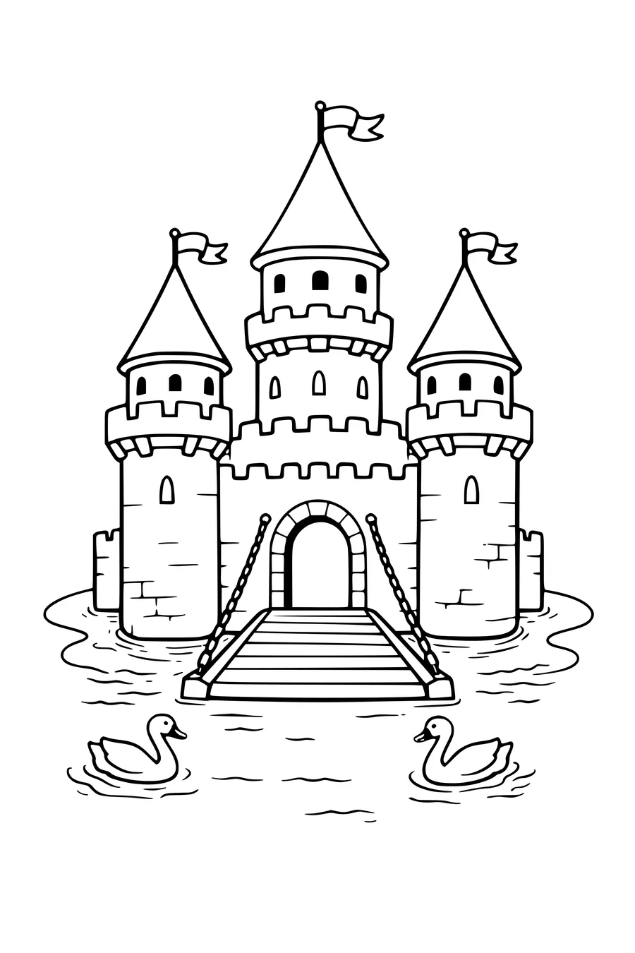 Coloriage d’un château féerique avec douves et pont-levis