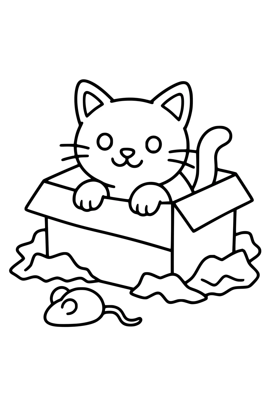 Coloring page of a cat sitting in a cardboard box