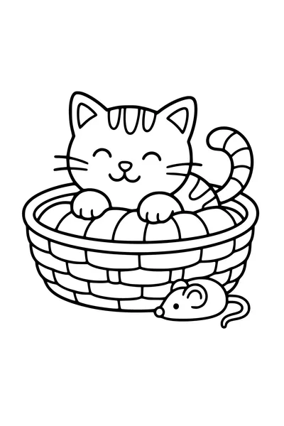 Printable coloring page of cat in a basket