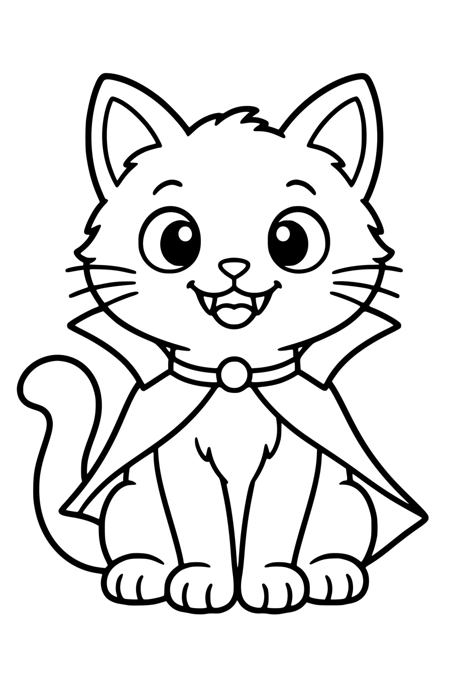 Een zittende kat draagt een korte cape met een hoge kraag.