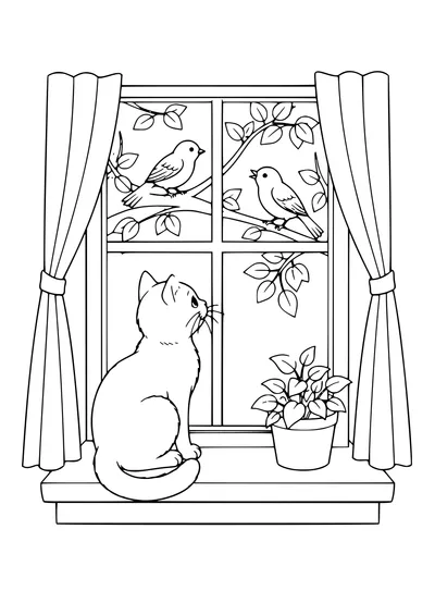 Kostenloses Ausmalbild: Katze auf der Fensterbank mit Vögeln