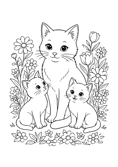 Kostenloses Ausmalbild: Katzenfamilie im Garten