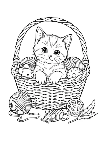 Gratis Ausmalbild Katzenkorb mit Spielzeug
