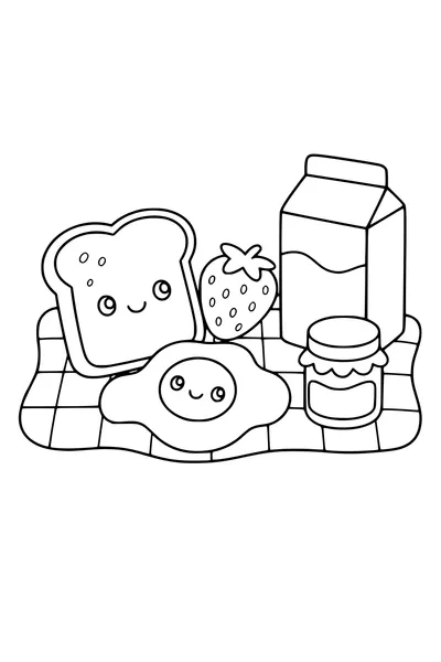 Medium kawaii coloring page of smiling breakfast food friends