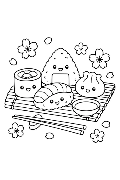 Medium kawaii coloring page of smiling sushi friends having a picnic